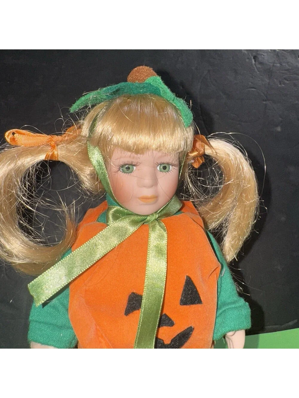 Vintage Blonde Porcelain Doll Pumpkin Costume Halloween Trick or Treat 9”